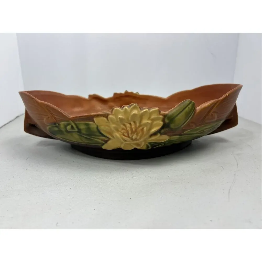 Vintage Roseville Pottery Console‎ Bowl Water Lily Brown 443-12 USA Beauty